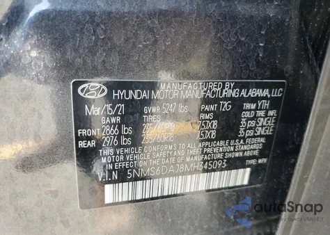 2021 Hyundai Santa Fe Sel from USA, damaged, VIN 5NMS6DAJ8MH345093